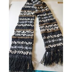 EVERITT Black Brown White Boho Scarf With Fringe 65" Length